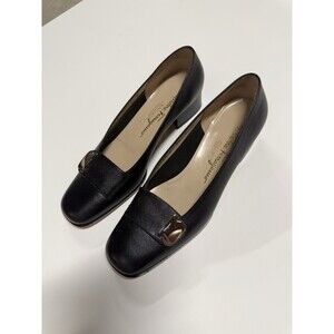 Salvatore Ferragamo Black Leather Buckle Gancini Pumps Heel Shoes Size 8